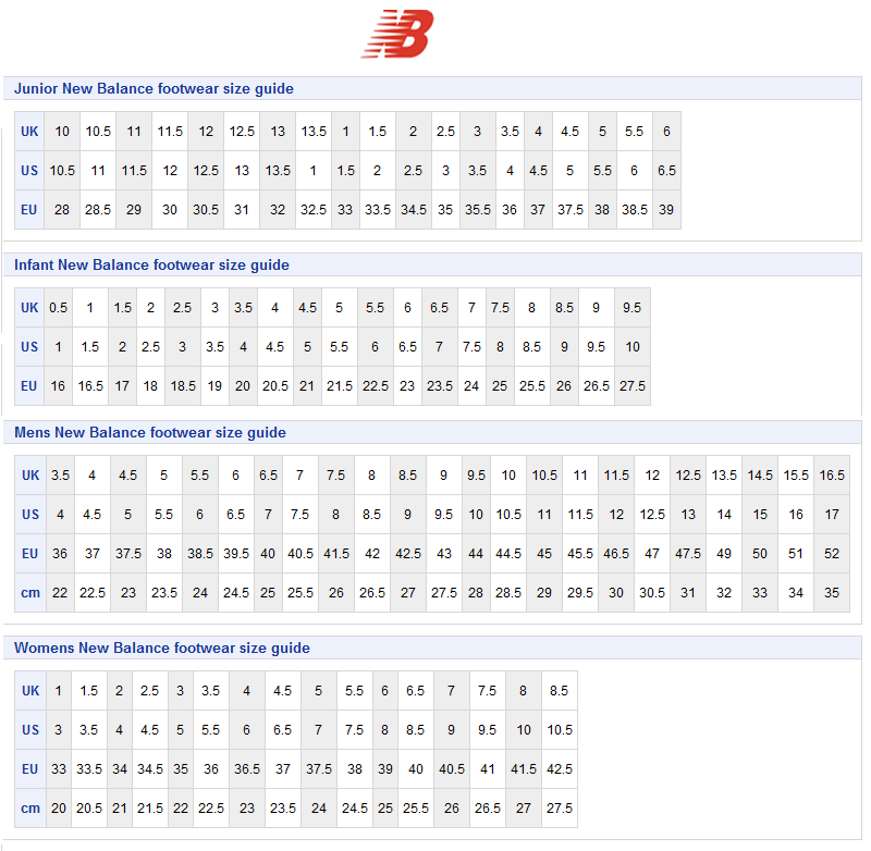 new balance sizing in cm