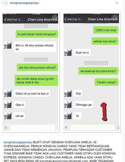 KONG HAI CARGO/ KONGHAI EXPRESS CARGO DENGAN NAMA PEMILIK CHEN LINA AMELIA PENIPU!! 