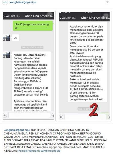 KONG HAI CARGO/ KONGHAI EXPRESS CARGO DENGAN NAMA PEMILIK CHEN LINA AMELIA PENIPU!! 