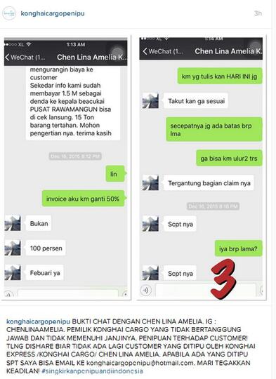 KONG HAI CARGO/ KONGHAI EXPRESS CARGO DENGAN NAMA PEMILIK CHEN LINA AMELIA PENIPU!! 