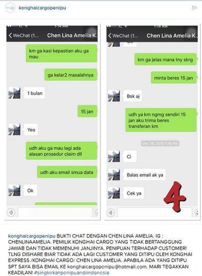 KONG HAI CARGO/ KONGHAI EXPRESS CARGO DENGAN NAMA PEMILIK CHEN LINA AMELIA PENIPU!! 