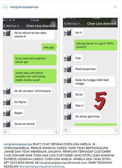 KONG HAI CARGO/ KONGHAI EXPRESS CARGO DENGAN NAMA PEMILIK CHEN LINA AMELIA PENIPU!! 
