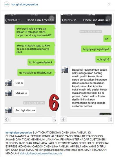KONG HAI CARGO/ KONGHAI EXPRESS CARGO DENGAN NAMA PEMILIK CHEN LINA AMELIA PENIPU!! 