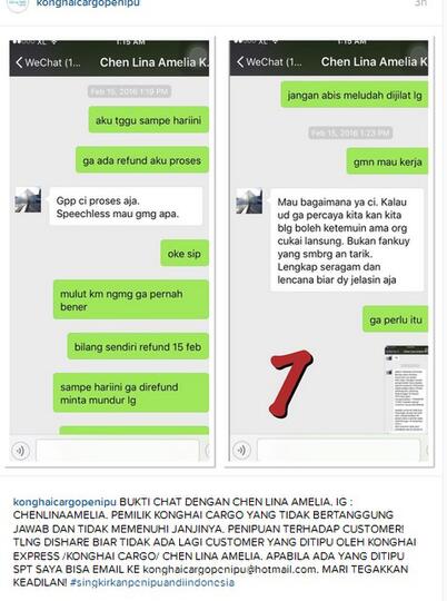 KONG HAI CARGO/ KONGHAI EXPRESS CARGO DENGAN NAMA PEMILIK CHEN LINA AMELIA PENIPU!! 