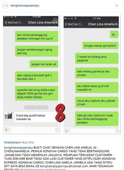 KONG HAI CARGO/ KONGHAI EXPRESS CARGO DENGAN NAMA PEMILIK CHEN LINA AMELIA PENIPU!! 