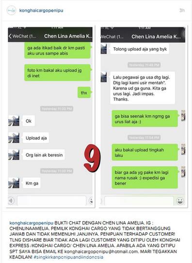 KONG HAI CARGO/ KONGHAI EXPRESS CARGO DENGAN NAMA PEMILIK CHEN LINA AMELIA PENIPU!! 