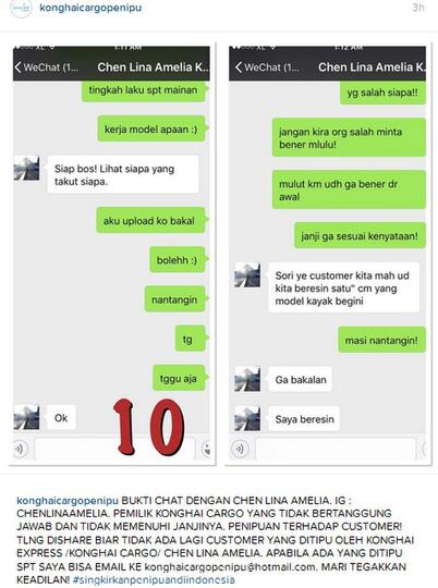 KONG HAI CARGO/ KONGHAI EXPRESS CARGO DENGAN NAMA PEMILIK CHEN LINA AMELIA PENIPU!! 