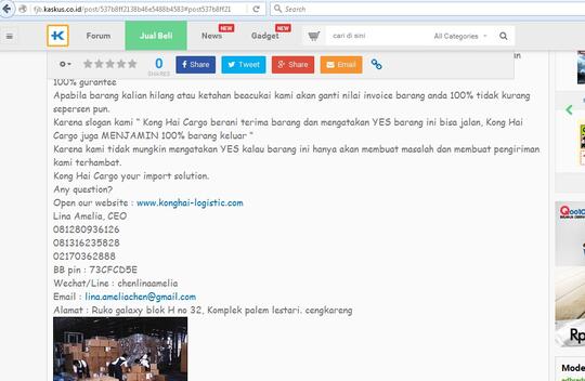 KONG HAI CARGO/ KONGHAI EXPRESS CARGO DENGAN NAMA PEMILIK CHEN LINA AMELIA PENIPU!! 
