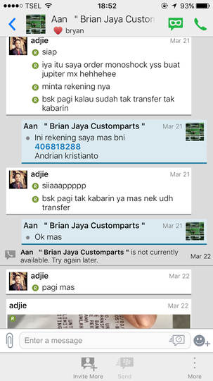 Hati2 transaksi dgn Rek BNI andrian 406818288 telp 0817440269 Brian Jaya Customparts