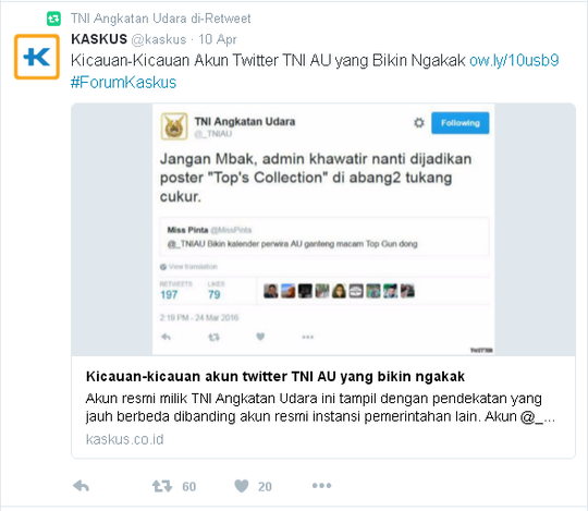Kicauan-kicauan akun twitter TNI AU yang bikin ngakak