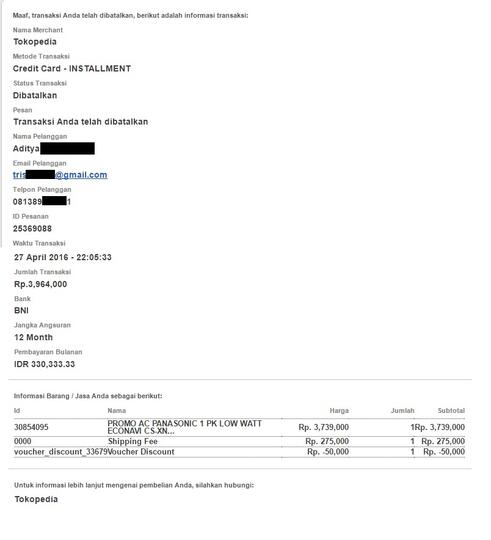 Transaksi gagal di Tokopedia tapi limit kartu kredit saya terpotong