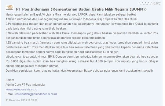 Bea Pelalubean Barang Impor 20rb oleh Kantor POS ?