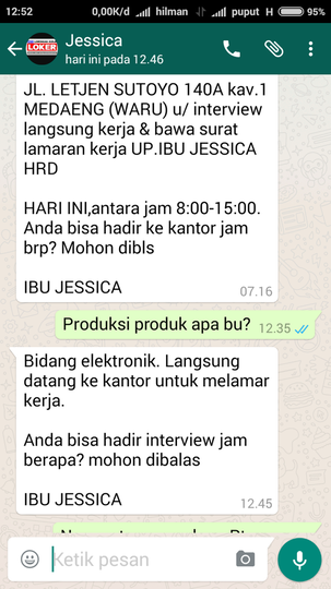 Modus penipuan berkedok lowongan pekerjaan PT RAJAWALI PRIMA INDONESIA 