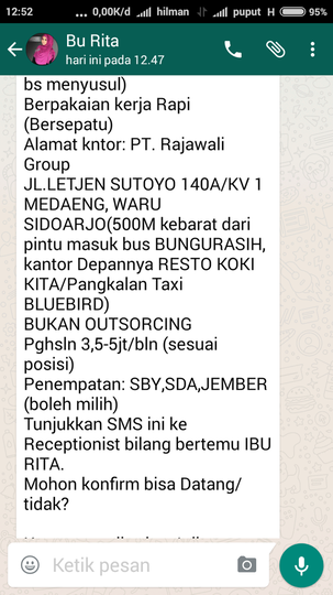 Modus penipuan berkedok lowongan pekerjaan PT RAJAWALI PRIMA INDONESIA 