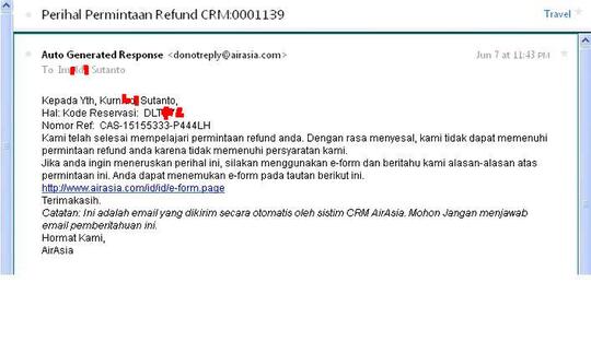 PEMBATALAN SEPIHAK PENERBANGAN Air Asia & tidak bertanggung jawab atas refund