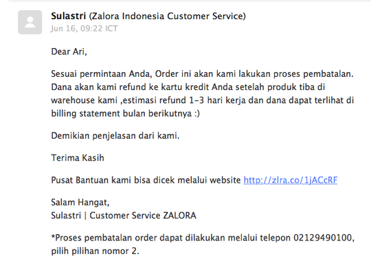 Transaksi yang tidak dilakukan di Zalora Indonesia
