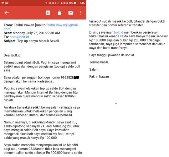 Penanganan Bolt Care Sungguh Mengecewakan