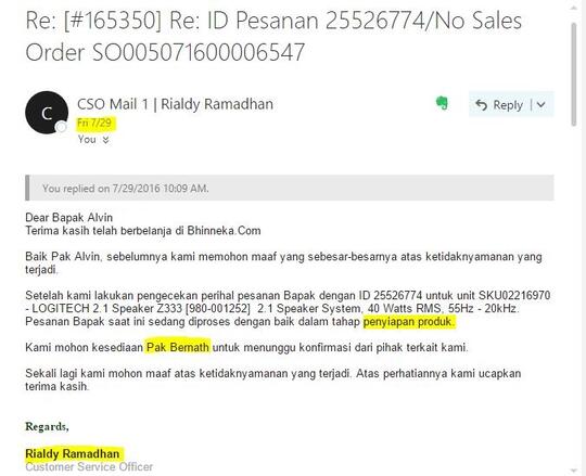 Pelayanan Bhinneka ID Pesanan 25526774 Mengecewakan! 