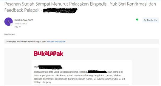 ANEH blm dikirim, Bukalapak sdh email "Pesanan Sampai". Apa org BL berkomplot?