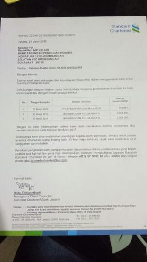 Hasil investigasi Standard Chartered thdp pembobolan KK sy di bbrp merchant online