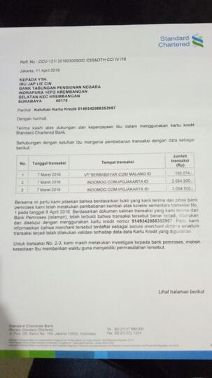 Hasil investigasi Standard Chartered thdp pembobolan KK sy di bbrp merchant online