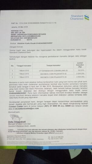 Hasil investigasi Standard Chartered thdp pembobolan KK sy di bbrp merchant online