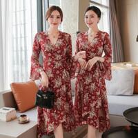 midi-dress-wanita-elegan-floral-asymmetric-bahan-crepe-lengan-panjang-kekinian