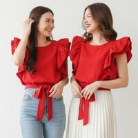 blouse-wanita-lengan-ruffle-merah-kekinian--atasan-cewek-stylish-bahan-crepe