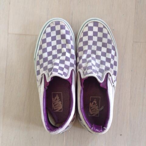 purple checkerboard slip on vans