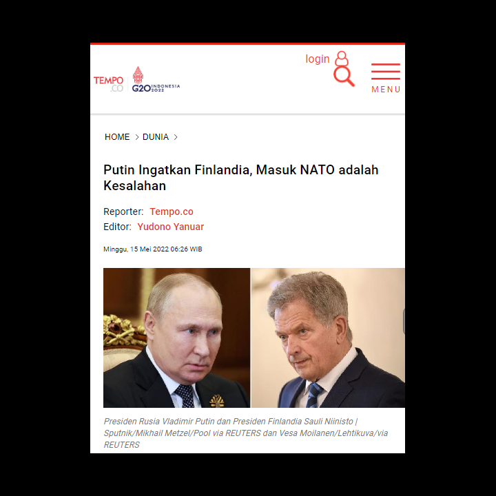 Putin Ingatkan Finlandia, Masuk NATO adalah Kesalahan