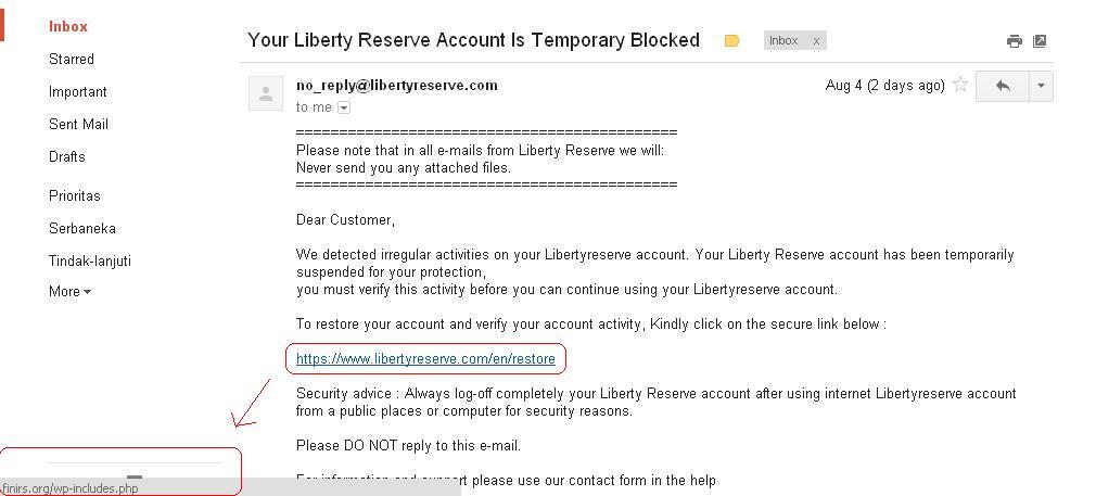 EMAIL PALSU dari LR : Your Liberty Reserve Account Is Temporary Blocked.