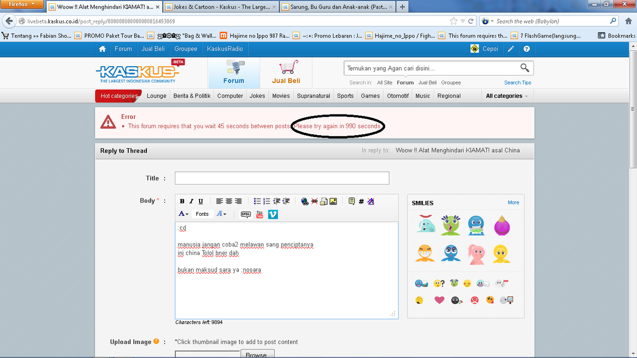 This forum requires that you wait 45 seconds between posts (KASKUS officer please!)