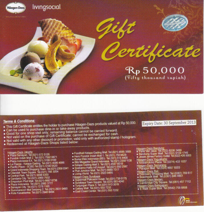 Voucher Haagen Dazs berlaku 10 September s.d 31 Desember 2012