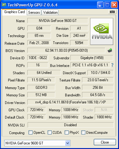 wts NIDIVIA gigabyte 9600gt 512mb 256bit