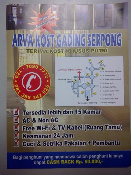 Tersedia 20 kamar kost di Arva Kost Gading Serpong