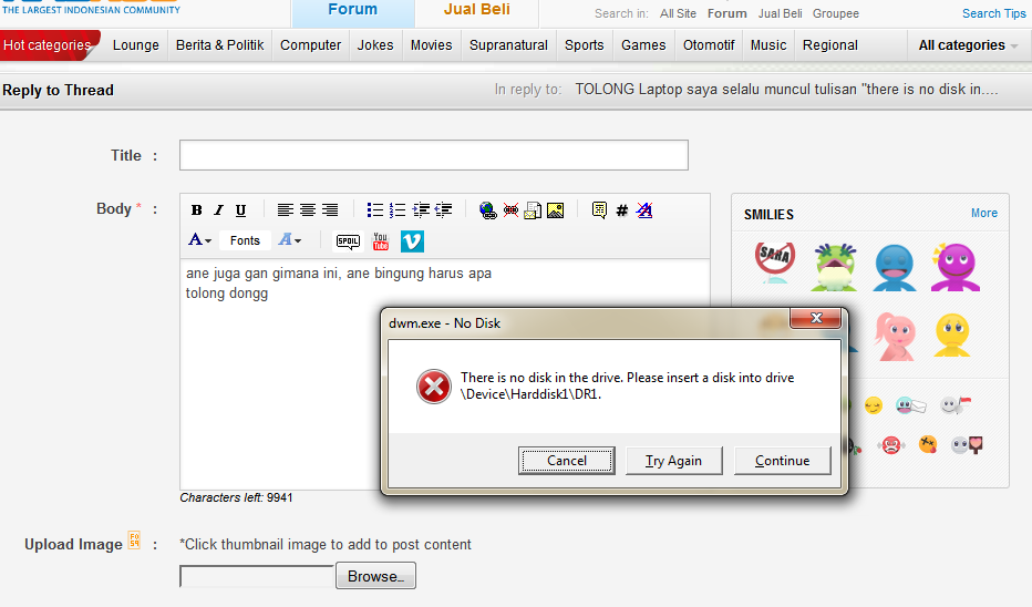 TOLONG Laptop saya selalu muncul tulisan "there is no disk in....