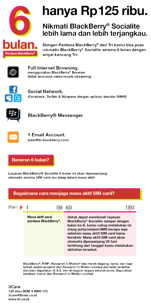 perdana paket BlackBerry SOCIALITE three (3) 6 Bln kota malang