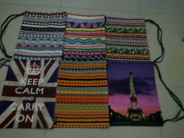 Tas serut blacu motif tribal, keep calm, eiffel Surabaya