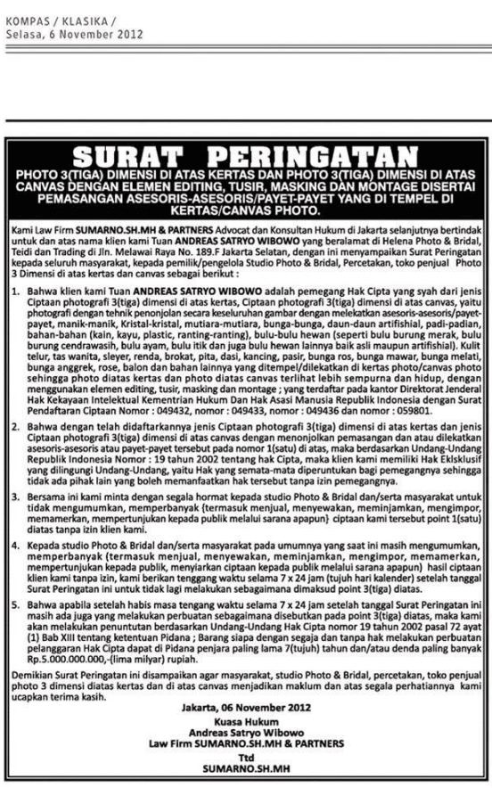 &#91;Share&#93; Surat Peringatan mengenai Teknik 3D di photo/canvas -Kompas, 06-11-2012 hal43