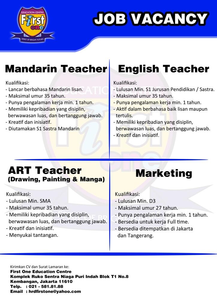 Gan, yang butuh Lowongan Pekerjaan. First One Education Center lagi butuh pegawai