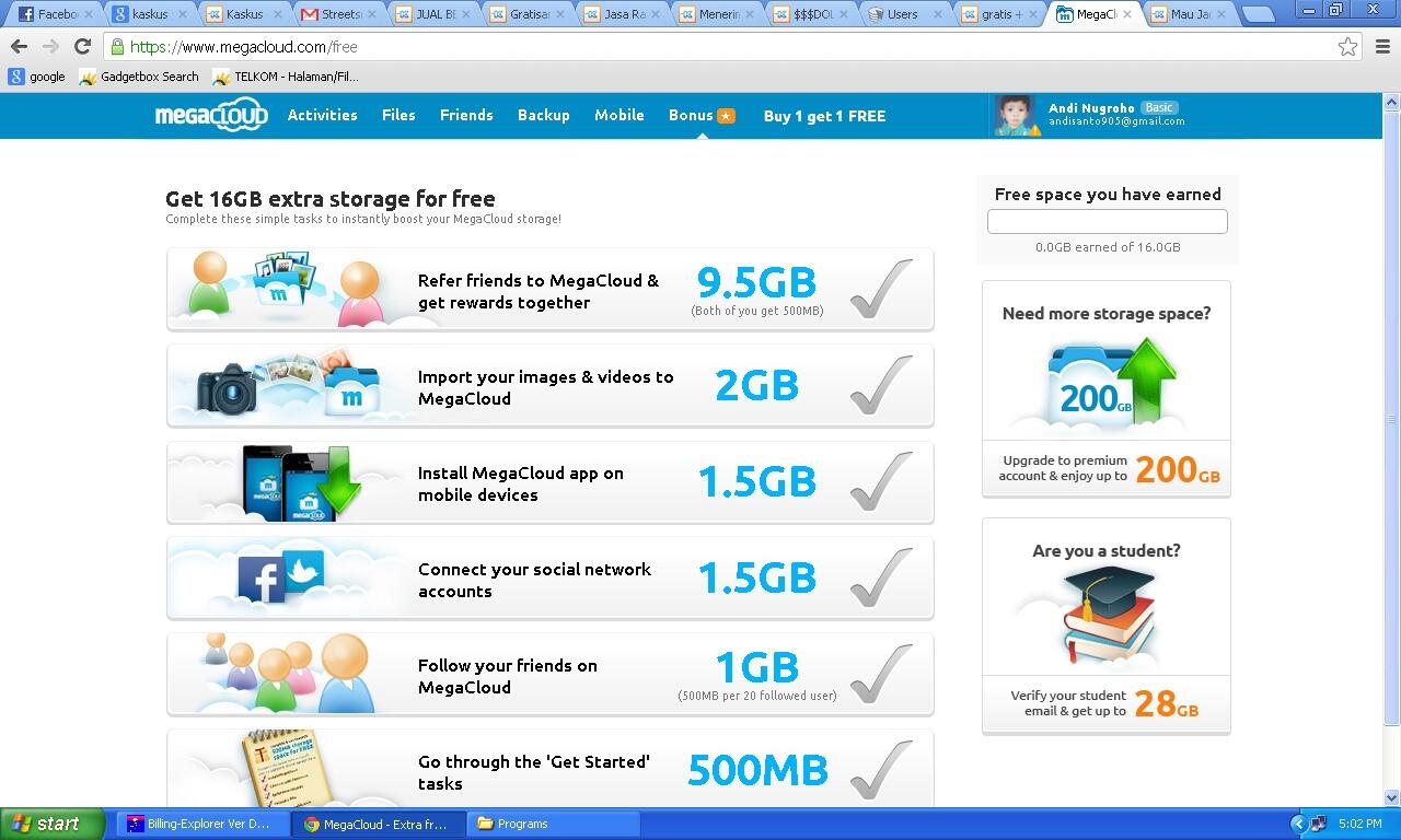 gratis +5ijo" setiap register di megacloud dan gratis 8gb storage online
