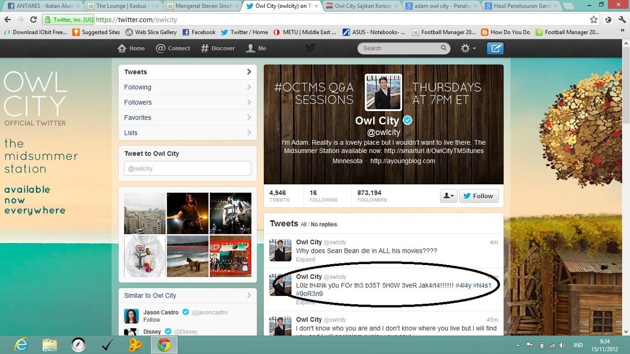 Adam Owl City nulis alay diakun twitter resminya