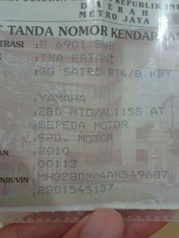 Kehilangan Motor Mio CW 2012 warna putih Plus Helm