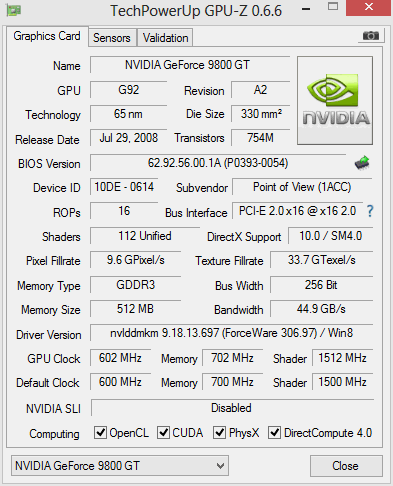 vga pov gt9800 512mb 256bit