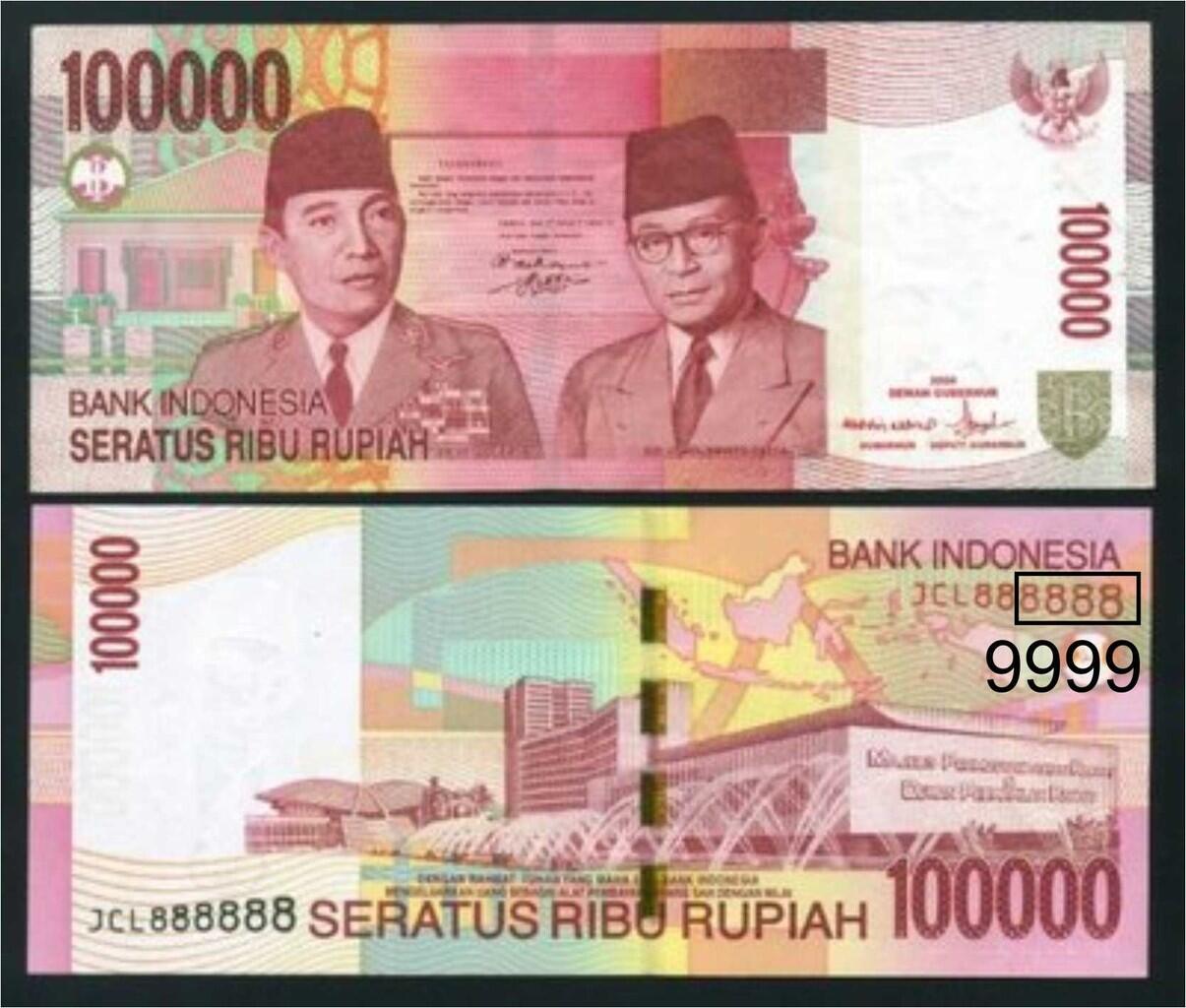 WTB uang kertas pecahan Rp.100.000 serie 999 / 9999