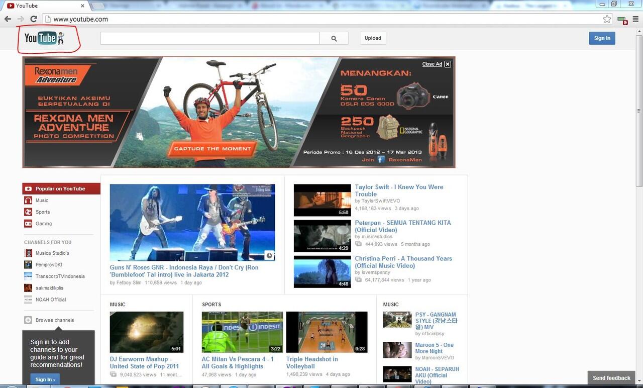 Tampilan Youtube dan Video Artis Youtube