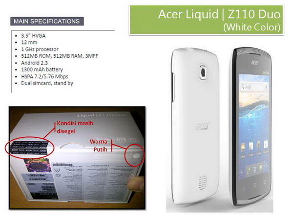 Acer Z110 White, Android Dual Sim GSM (100% Baru, Box Masih Segel)