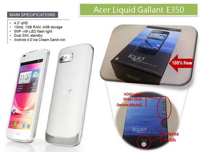 Acer Gallant E350 White, Android Dual Sim GSM (100% Baru, Box Masih Segel)