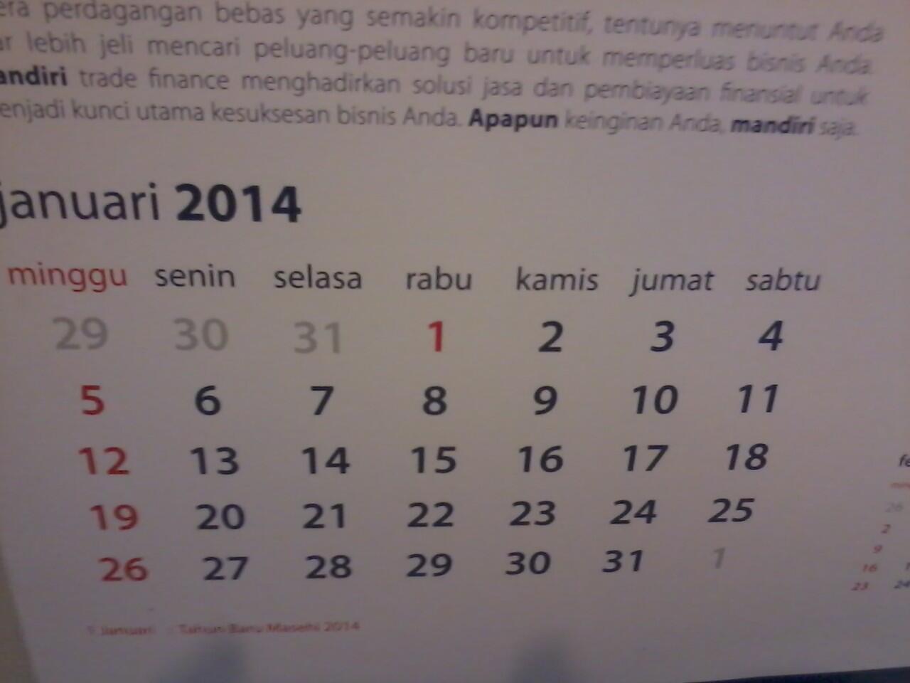 Mandiri Menyatakan Tahun Baru Jatuh Pada Hari Rabu { Salah Cetak Kalender }