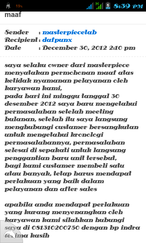 kecewa atas transaksi dengan toko masterpiece